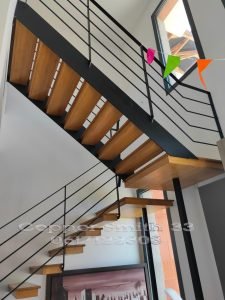 Escalier suspendu metal bois garde corps bordeaux copper smith sur mesure